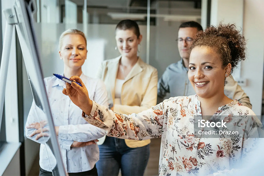 Gestelltes Foto eines Teams vor dem Flipchart